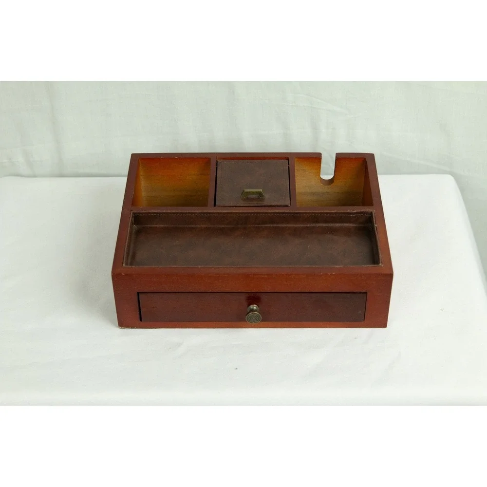 Vintage Wood Valet Box Jewelry Organizer Charging Station Brown Faux Leather
